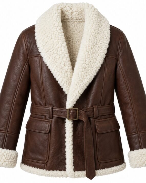 Men's Chocolate Brown Belted Shawl Jacket with White Shearling