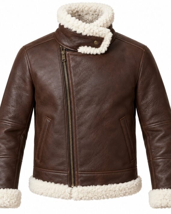 Men's Chocolate Brown Asymmetric Wrap Jacket with White Shearling