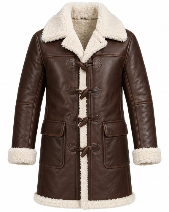 Men's Chocolate Brown Toggle Duffle Coat with White Shearling