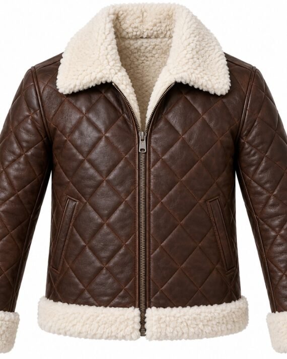 Men's Chocolate Brown Diamond-Quilted Jacket with White Shearling