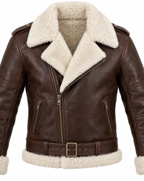 Men's Chocolate Brown Belted Moto Jacket with White Shearling