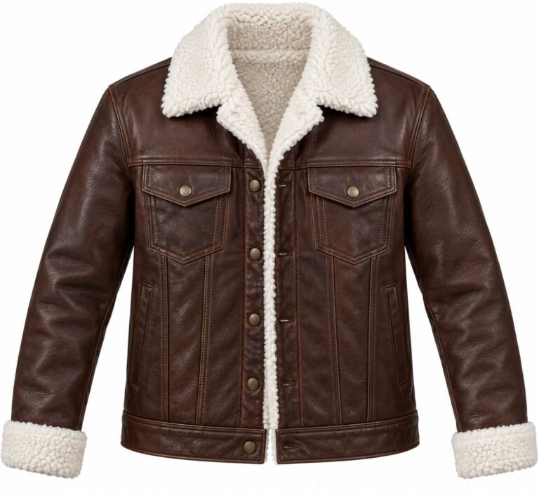 Men's Chocolate Brown Trucker Jacket with White Shearling