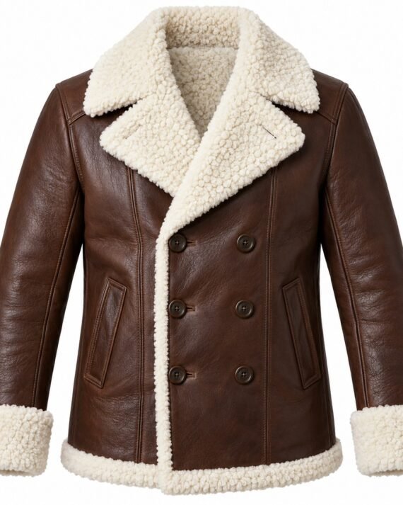 Men's Chocolate Brown Double-Breasted Peacoat with White Shearling
