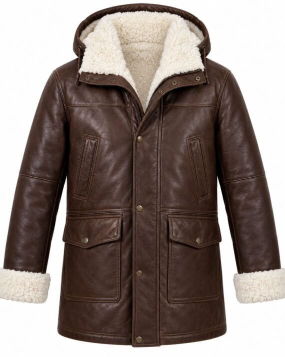 Men's Chocolate Brown Hooded Parka Coat with White Shearling