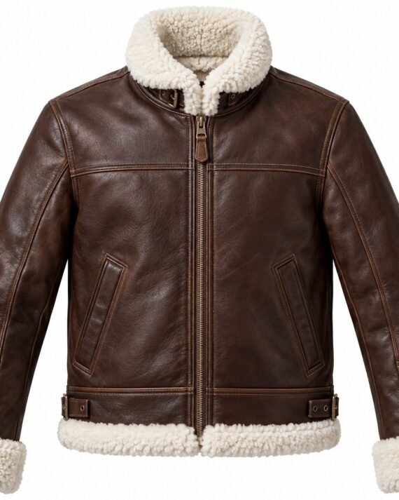 Men's Chocolate Brown Cafe Racer Jacket with White Shearling
