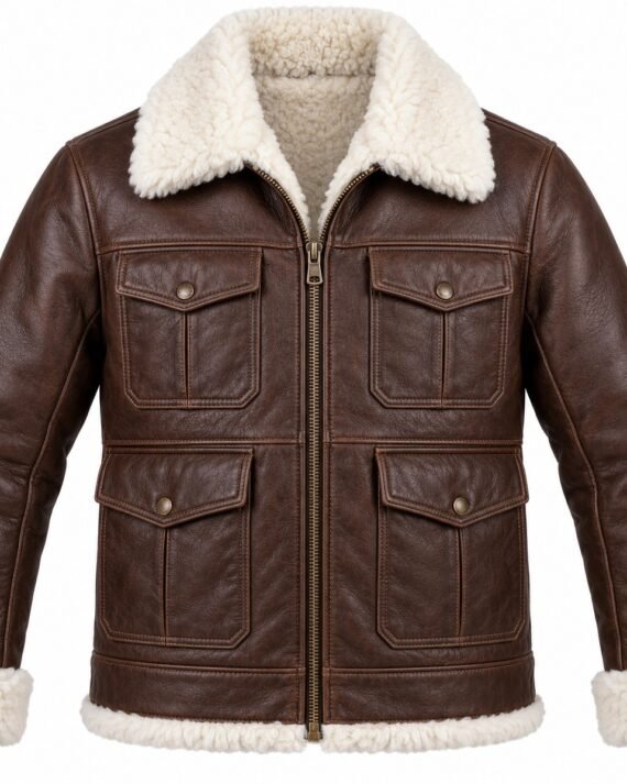 Men's Chocolate Brown Four-Pocket Utility Jacket with White Shearling