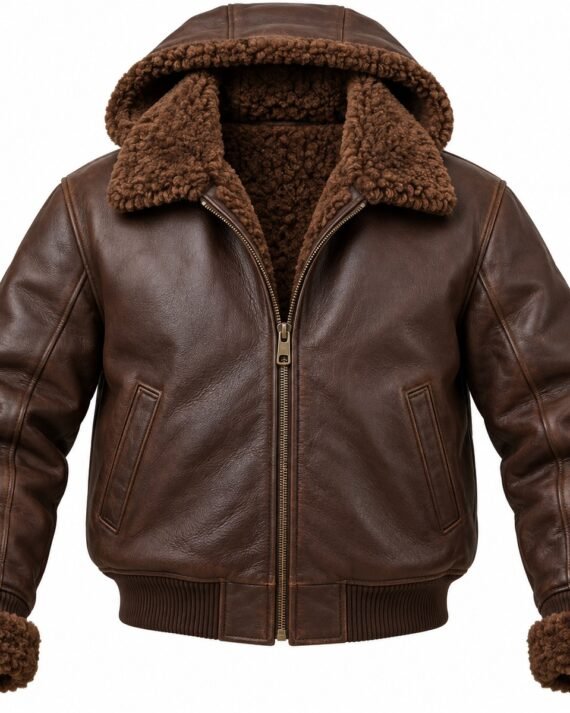 Men's Chocolate Brown Hooded Bomber Jacket with Brown Shearling