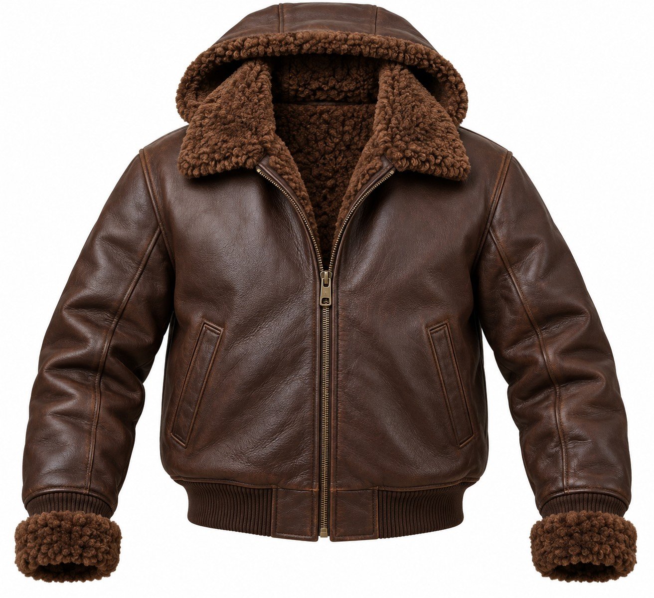 Men's Chocolate Brown Hooded Bomber Jacket with Brown Shearling