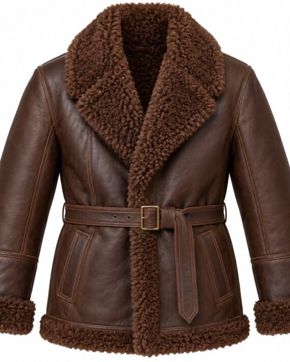 Men's Chocolate Brown Belted Shawl Jacket with Brown Shearling