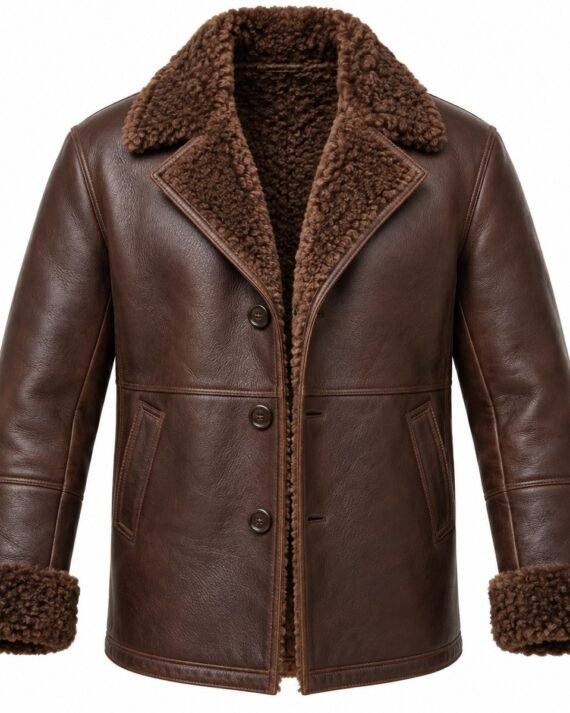 Men's Chocolate Brown Notch-Lapel Short Coat with Brown Shearling