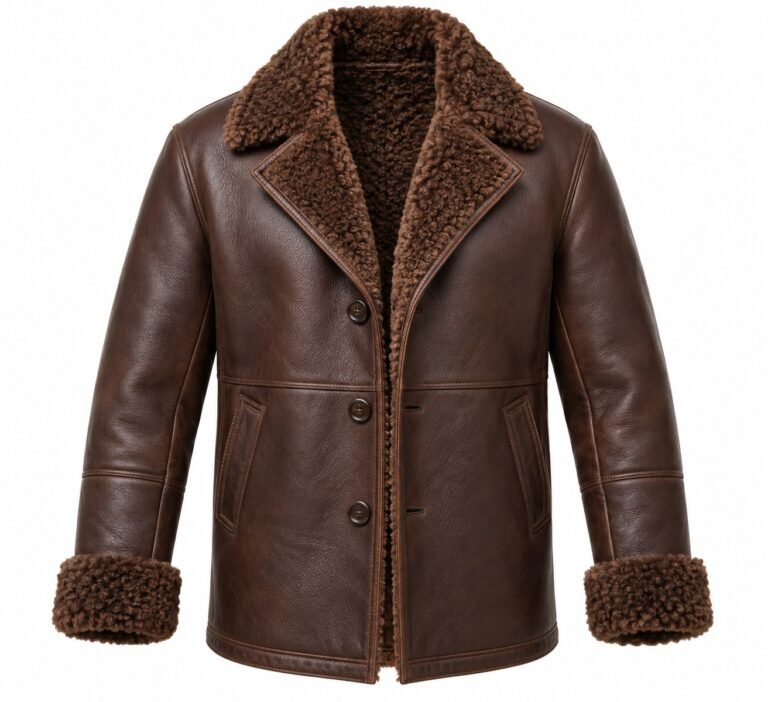 Men's Chocolate Brown Notch-Lapel Short Coat with Brown Shearling