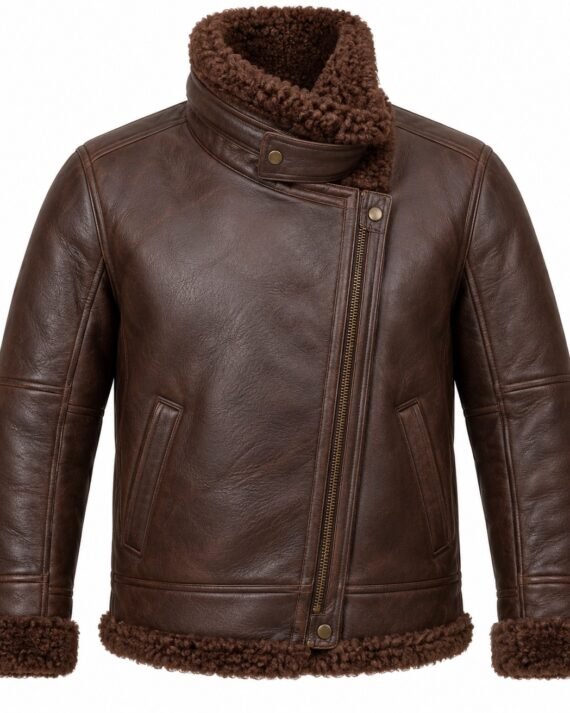 Men's Chocolate Brown Asymmetric Wrap Jacket with Brown Shearling