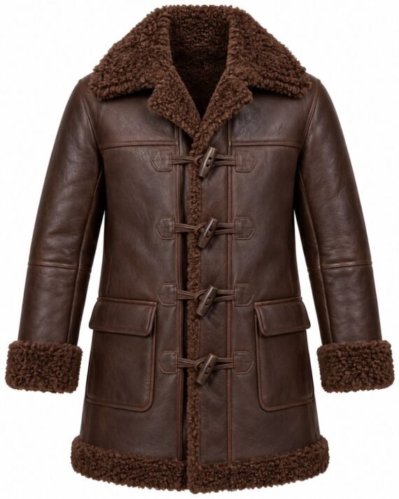 Men's Chocolate Brown Toggle Duffle Coat with Brown Shearling