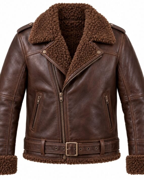 Men's Chocolate Brown Belted Moto Jacket with Brown Shearling