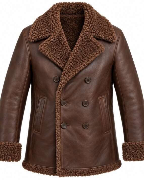 Men's Chocolate Brown Double-Breasted Peacoat with Brown Shearling