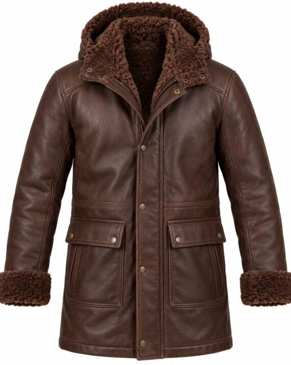 Men's Chocolate Brown Hooded Parka Coat with Brown Shearling