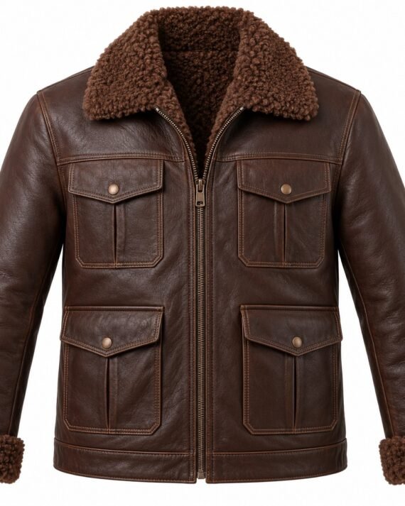 Men's Chocolate Brown Four-Pocket Utility Jacket with Brown Shearling