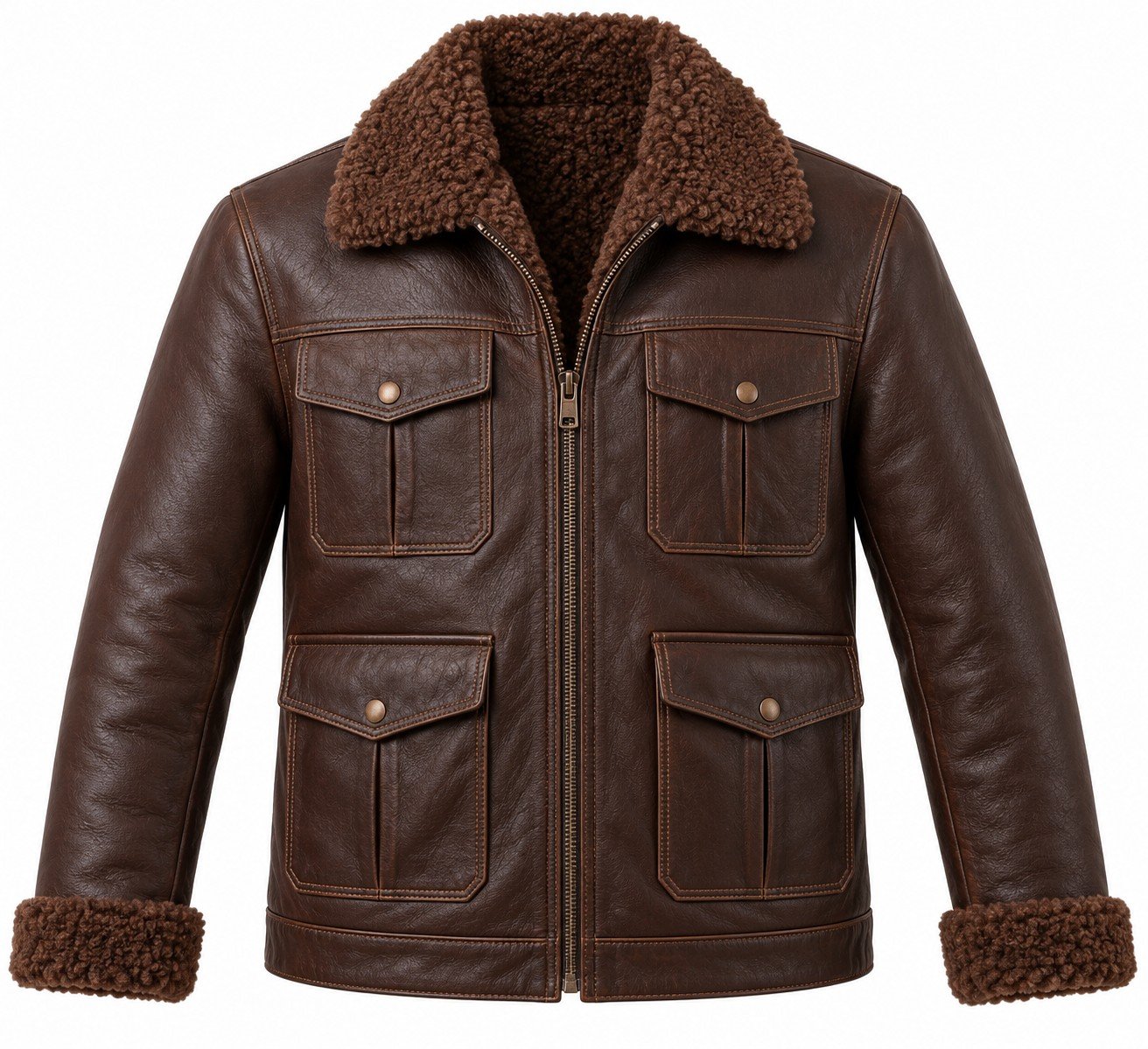Men's Chocolate Brown Four-Pocket Utility Jacket with Brown Shearling