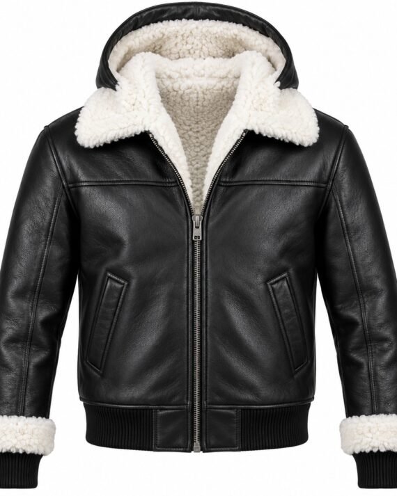 Men's Black Hooded Bomber Jacket with White Shearling