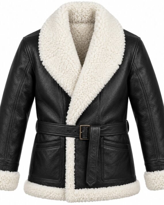 Men's Black Belted Shawl Jacket with White Shearling