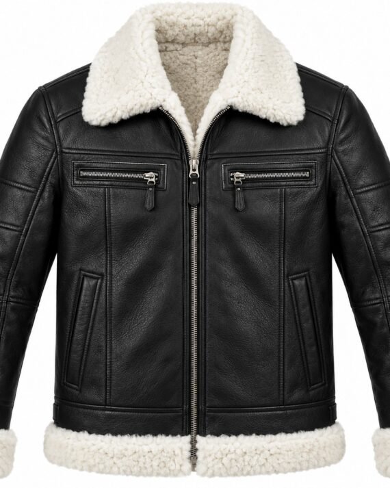 Men's Black Twin-Zip Racing Jacket with White Shearling