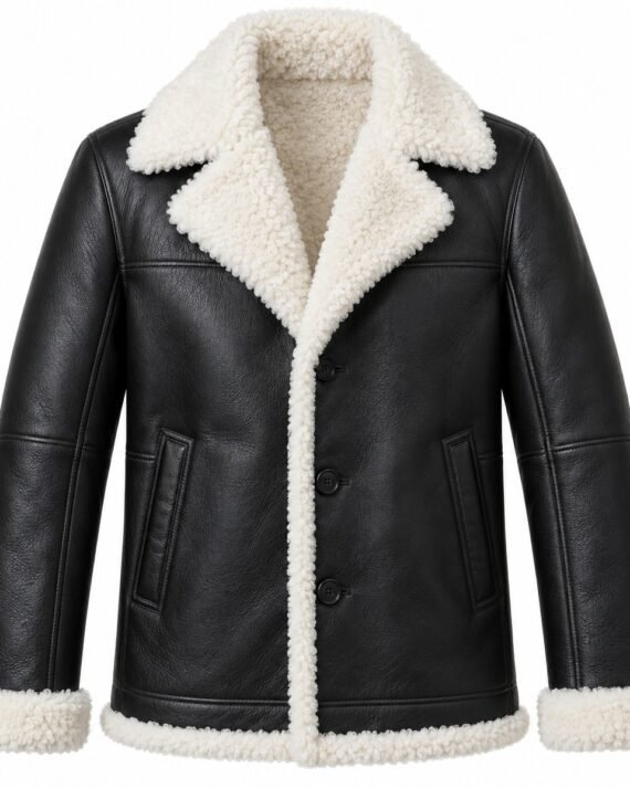 Men's Black Notch-Lapel Short Coat with White Shearling