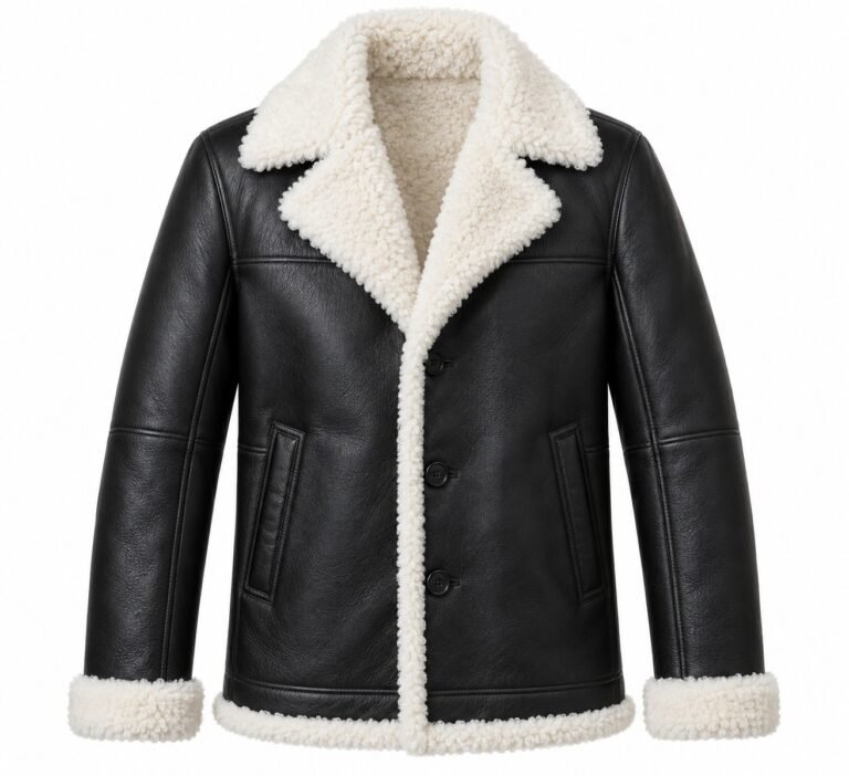 Men's Black Notch-Lapel Short Coat with White Shearling