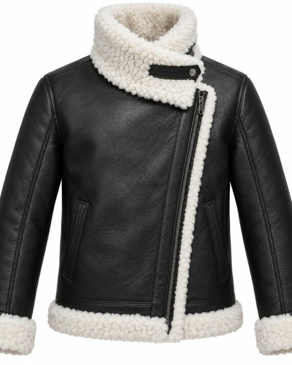 Men's Black Asymmetric Wrap Jacket with White Shearling