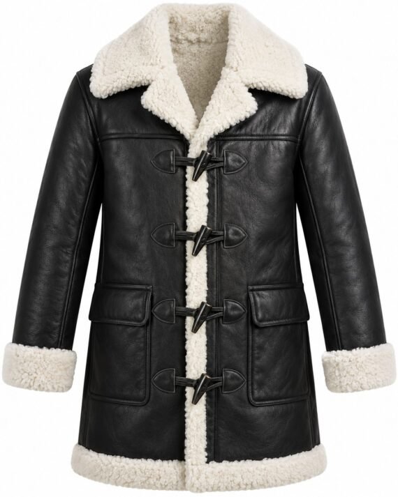 Men's Black Toggle Duffle Coat with White Shearling