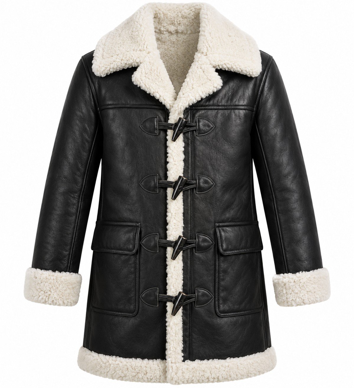 Men's Black Toggle Duffle Coat with White Shearling