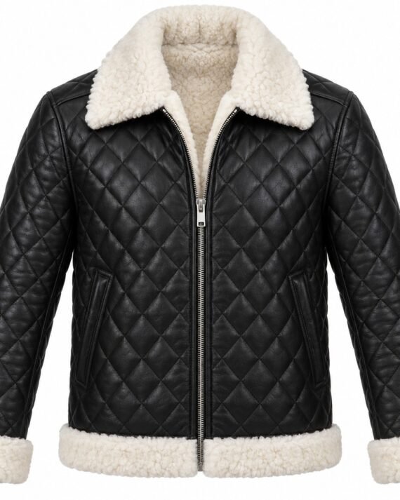 Men's Black Diamond-Quilted Jacket with White Shearling