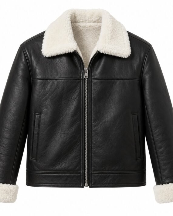 Men's Black Classic Zip Jacket with White Shearling