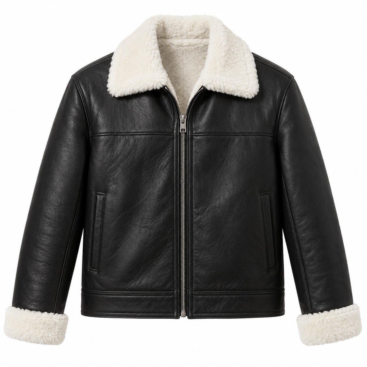 Men's Black Classic Zip Jacket with White Shearling