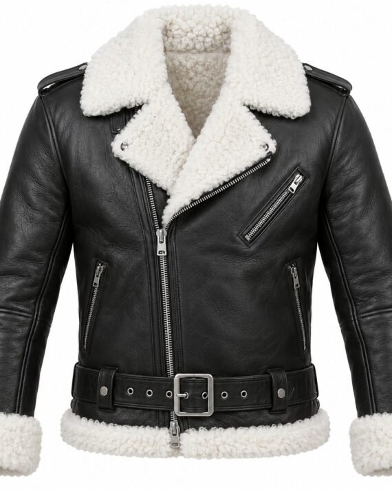 Men's Black Belted Moto Jacket with White Shearling
