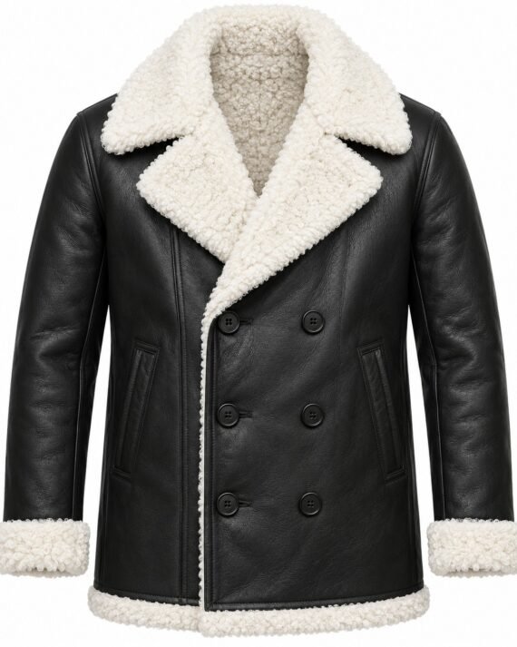 Men's Black Double-Breasted Peacoat with White Shearling