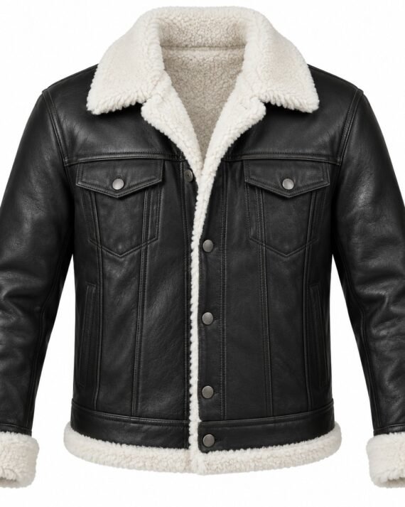 Men's Black Trucker Jacket with White Shearling