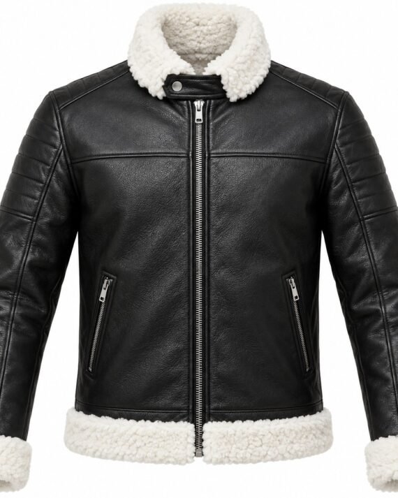 Men's Black Cafe Racer Jacket with White Shearling