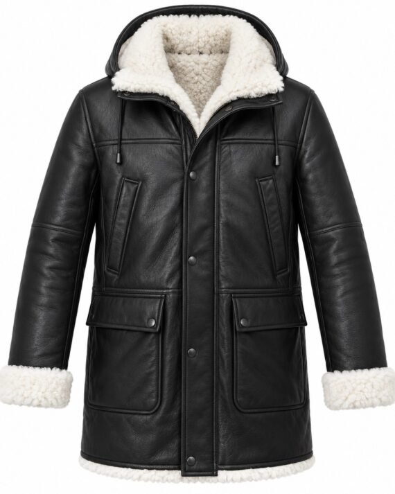 Men's Black Hooded Parka Coat with White Shearling