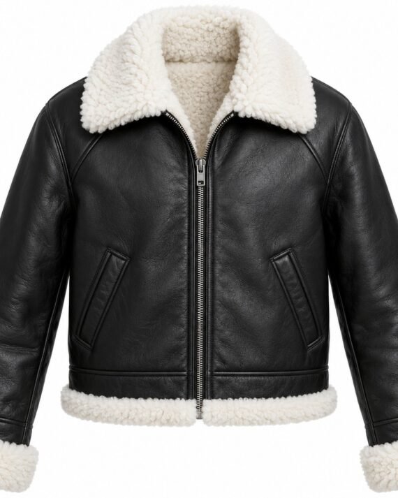Men's Black Raglan Zip Jacket with White Shearling