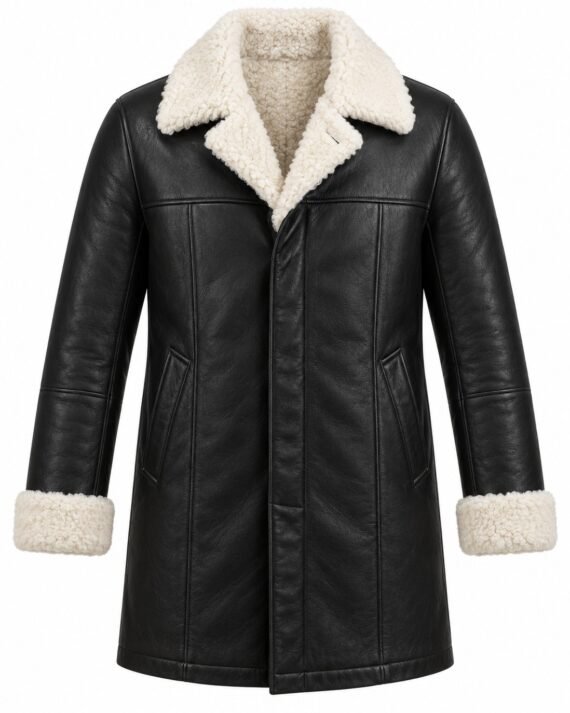 Men's Black Car Coat with White Shearling