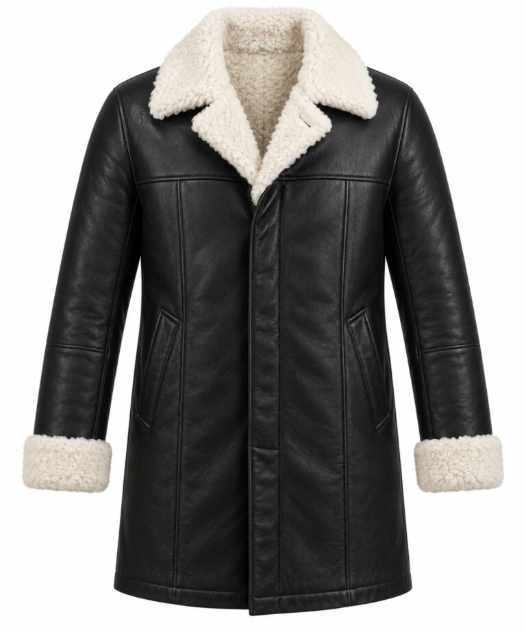 Men's Black Car Coat with White Shearling