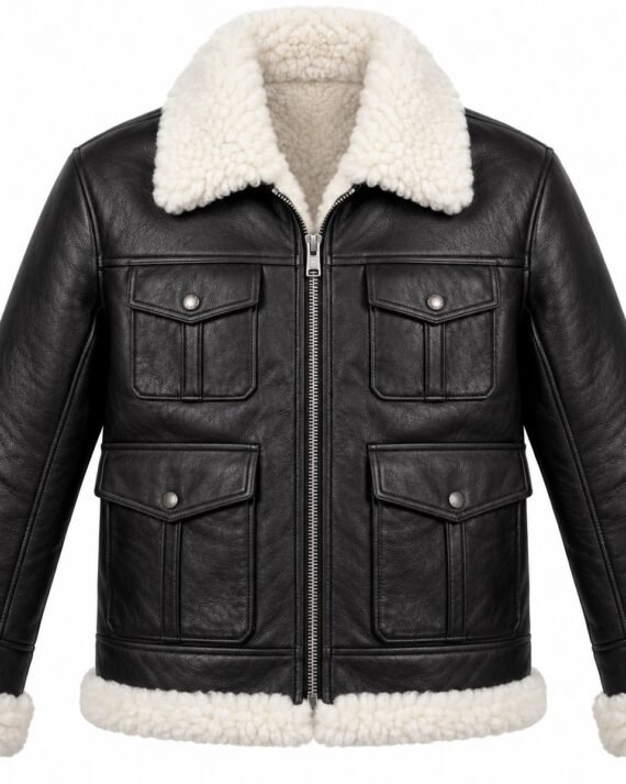 Men's Black Four-Pocket Utility Jacket with White Shearling