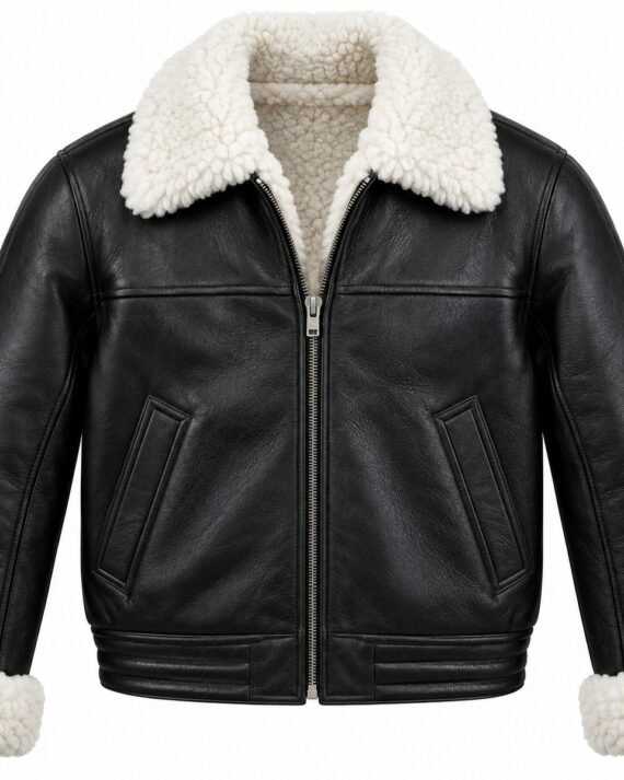 Men's Black Flight Bomber Jacket with White Shearling