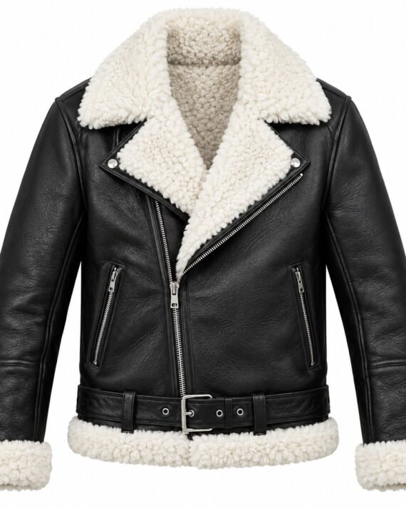 Men's Black Double-Rider Jacket with White Shearling