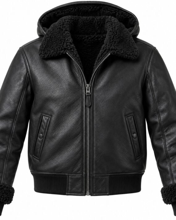 Men's Black Hooded Bomber Jacket with Black Shearling