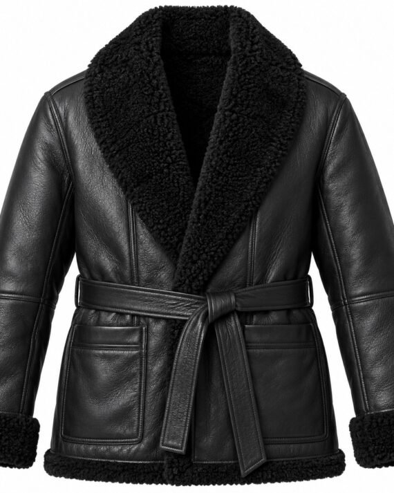 Men's Black Belted Shawl Jacket with Black Shearling