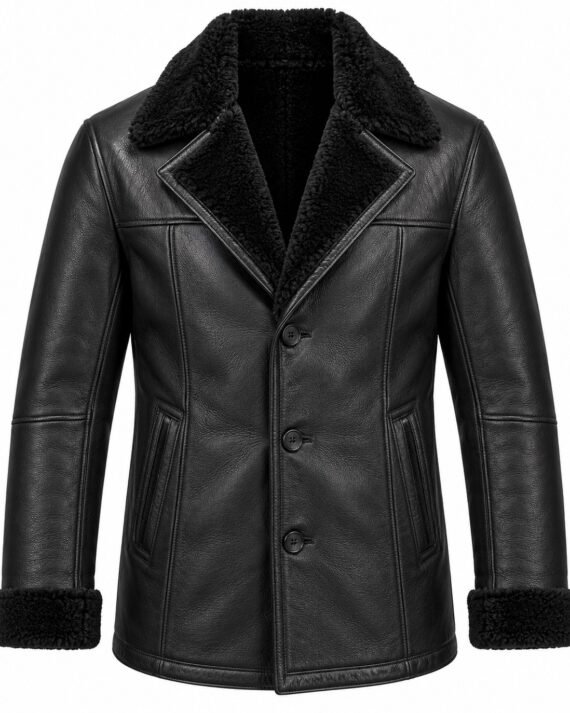 Men's Black Notch-Lapel Button Coat with Black Shearling