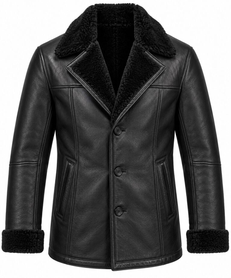 Men's Black Notch-Lapel Button Coat with Black Shearling