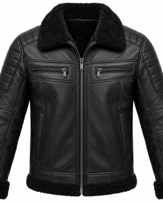 Men's Black Twin-Zip Racing Jacket with Black Shearling