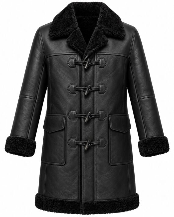 Men's Black Toggle Duffle Coat with Black Shearling